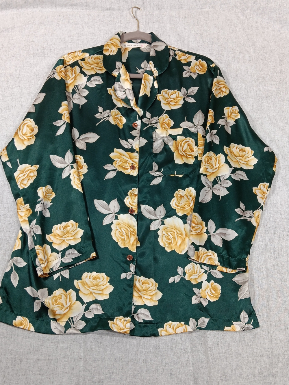 VTG Victoria's Secret Dark Green Yellow Rose Button-Down Top Pajama Set M
